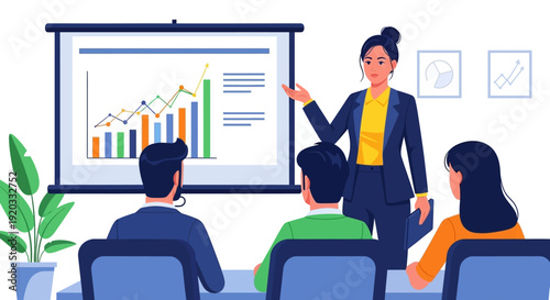 Business professional explaining financial growth data on a screen to a team during a corporate meeting, illustrating strategy and success for organizational development and future planning