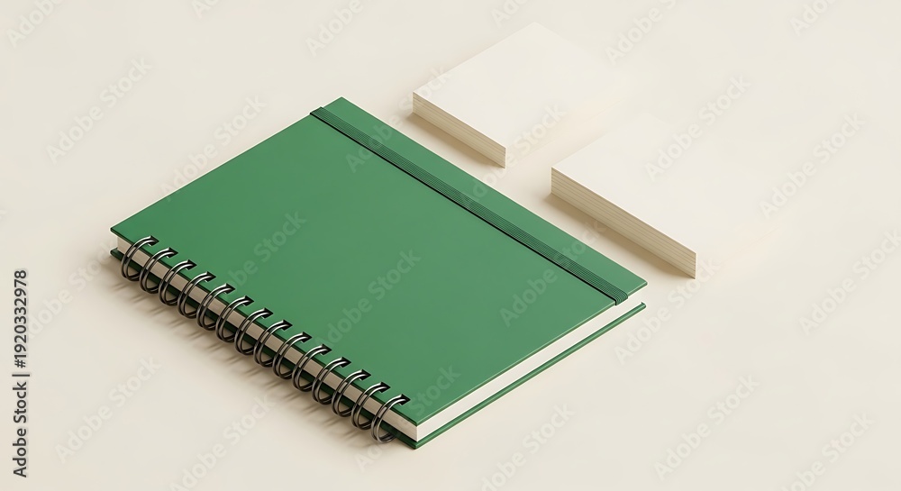 Fototapeta premium Green Spiral Notebook with Two White Rectangular Objects on a Light Background.