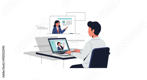 A person focused on an online video conference or e-learning session, sitting at a desk with a laptop displaying remote education and virtual collaboration