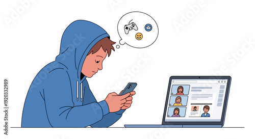 Youth engrossed in smartphone activities with gaming and social media in mind, illustrating modern digital communication and screen time amidst virtual meetings