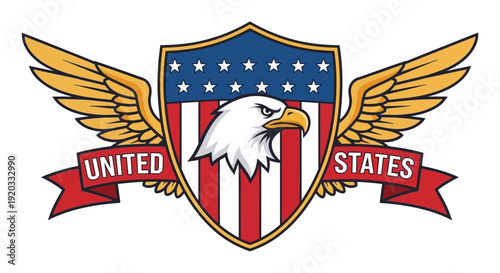 An eagle emblem with outstretched wings inside a shield symbolizing the United States, surrounded by patriotic elements and red ribbons, vector illustration