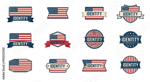 Collection of Identity Badges with American Flags and Ribbons Illustrating Patriotism and National Pride in Vector Format
