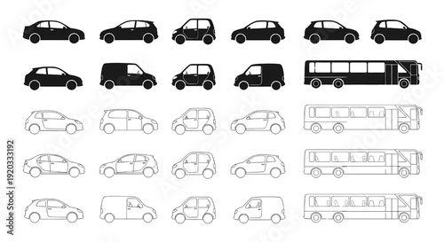 Automotive Vehicle Outline and Silhouette Collection – Car Van Bus Side and Top View CAD Vector Set