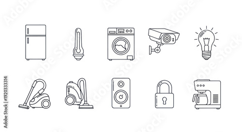 Smart Home Appliances Icons Set: Security, Cleaning, Entertainment, Kitchen