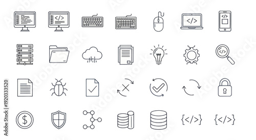 Software Development Icons: Coding, Database, Security, and Technology Set