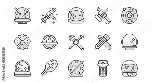 Space Exploration Icons: Astronaut, Moon, Rocket, Tools, Planets, Stars