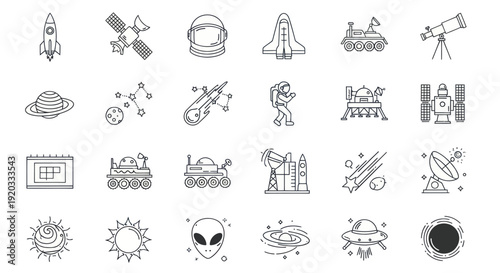Space Exploration Icons: Rocket, Astronaut, Satellite, UFO, Planets, Stars
