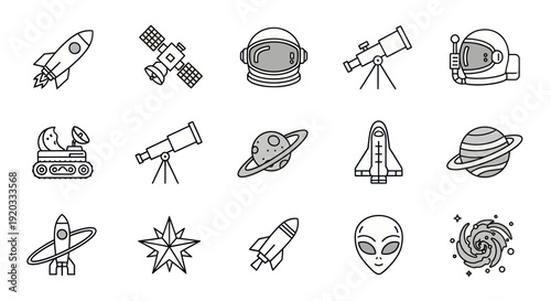 Space Icons: Rockets, Astronauts, Planets, Aliens, Satellites, Telescopes