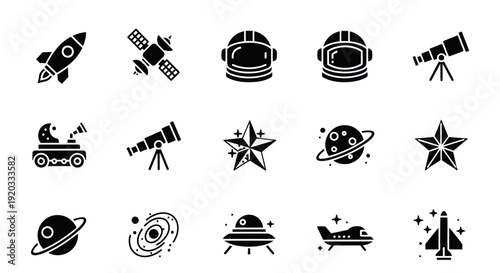 Space Icons Set: Rocket, Astronaut, Planet, UFO, Telescope, Satellite