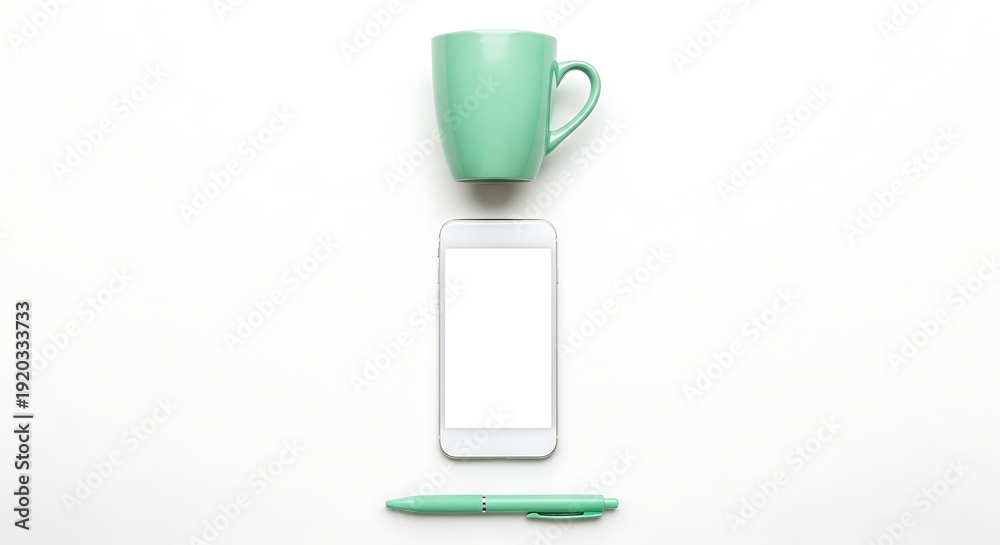 custom made wallpaper toronto digitalMinimalist flat lay of a teal mug, smartphone, and pen on a white background.