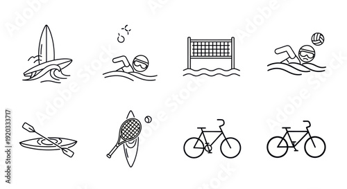 Summer Sports Icons: Surf, Swim, Volleyball, Kayak, Tennis, Bike