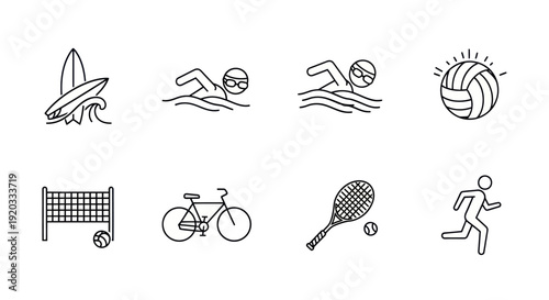 Summer Sports Icons: Surfing, Swimming, Volleyball, Tennis, Cycling & Running