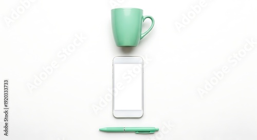 Wallpaper Mural Minimalist flat lay of a teal mug, smartphone, and pen on a white background. Torontodigital.ca