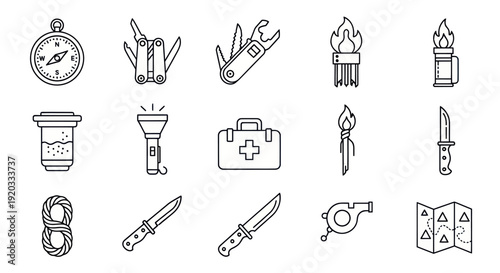 Survival Gear Icons: Compass, Knife, First Aid, Torch, Map, Rope, Whistle