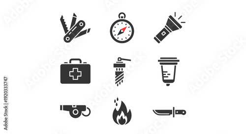 Survival Gear Icons: Knife, Compass, First Aid Kit, Flashlight, Whistle, Fire