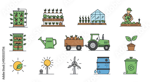 Sustainable Farming Icons: Agriculture, Technology, and Eco-Friendly Practices