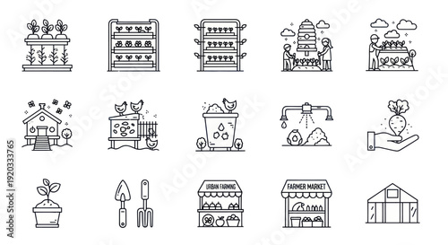Sustainable Farming Icons: Vertical Gardens, Bees, Farmer's Market, Greenhouse