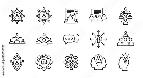 Teamwork and Collaboration Icons: Business Meeting, Strategy, and Communication