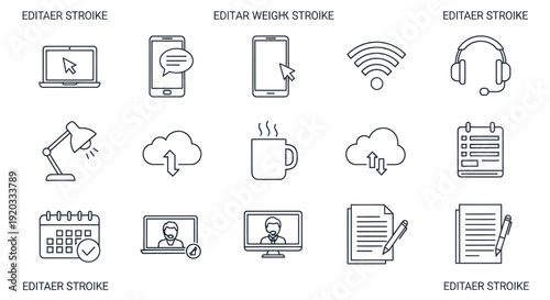 Technology and Business Icons Set - Outline Vector Graphics