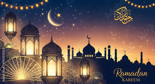 Ramadan Kareem Night Sky with Ornate Islamic Lanterns and Mosque Silhouette
