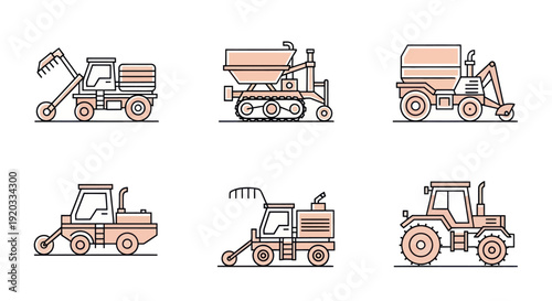 Set of agricultural machinery icons: tractor, harvester, seeder, sprayer, baler