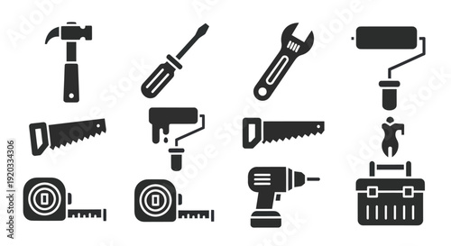 Set of Black Icons Representing Construction and DIY Tools