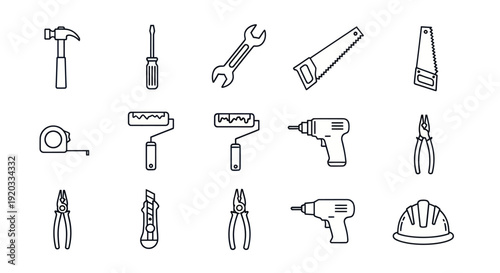 Set of construction tools icons, line art, vector isolated on white background