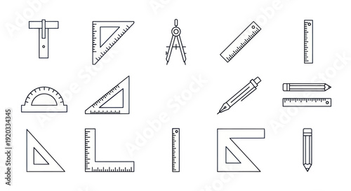 Set of Drawing and Measuring Tools Icons - Ruler, Compass, Protractor, Set Square, Pencil