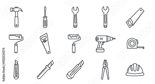 Set of Hand Tools Icons: Hammer, Saw, Screwdriver, Wrench, Drill, Pliers
