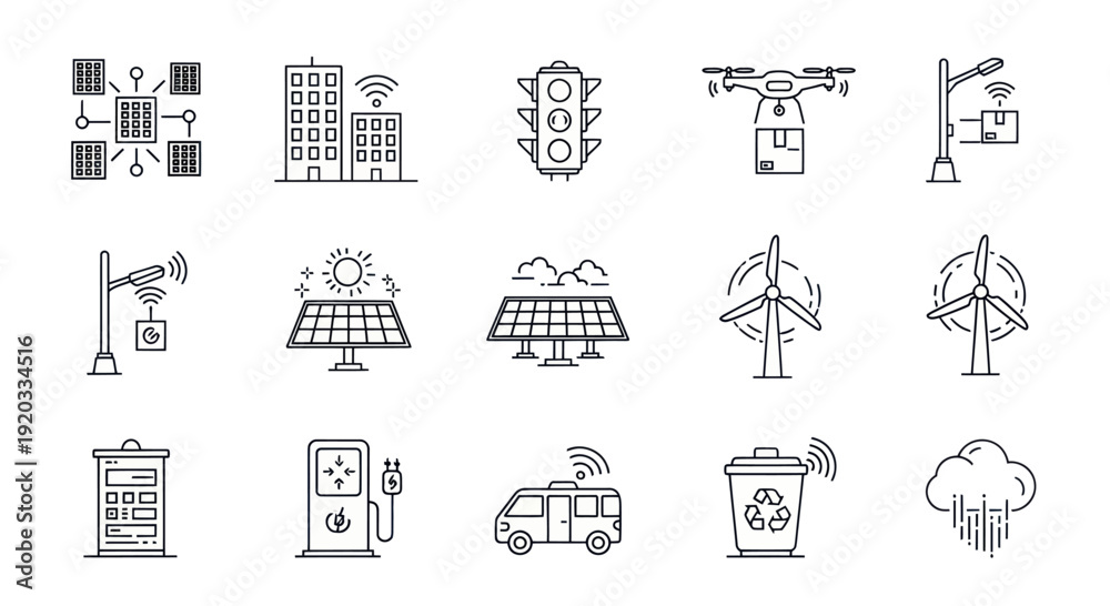 Fototapeta premium Smart City Icons: Technology, Sustainability, and Future Urban Life