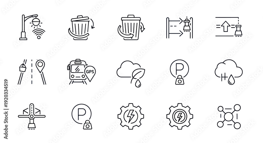 Fototapeta premium Smart City Icons: Technology, Sustainability, and Infrastructure