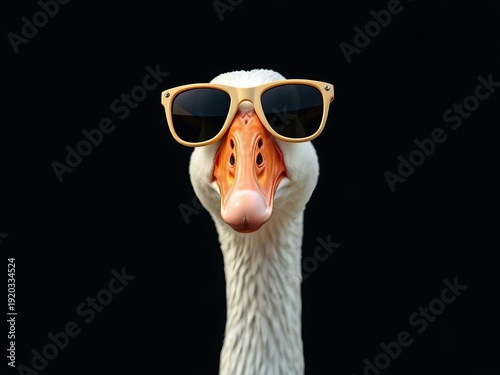 A goose in oversized sunglasses, looking incredibly cool and aloof, despite its awkward stance,  silly,  quirky