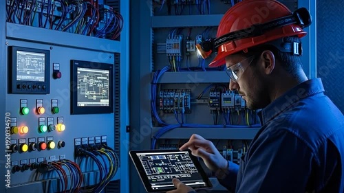 Precision in the Industrial Realm: A focused technician diligently monitors intricate machinery controls, using technology to enhance and optimize the industrial environment.