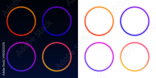 Radiant neon ring flows with smooth liquid gradients. Blue and green highlights shimmer across the luminous circular shape. The vector artwork conveys futuristic energy and balanced form.