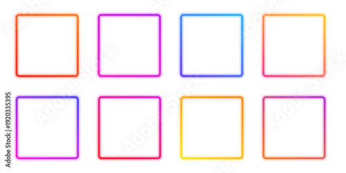 Floating neon square rings create abstract multicolor frames. Smooth glowing gradients convey futuristic energy and motion. Perfect transparent PNG for banners, UI, and digital layouts. PNG