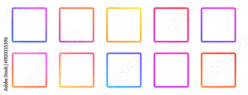 Neon square rings with vibrant gradients form dynamic geometric shapes. Glowing edges enhance depth and modern digital aesthetics. Ideal transparent PNG for posters, banners, and UI elements. PNG