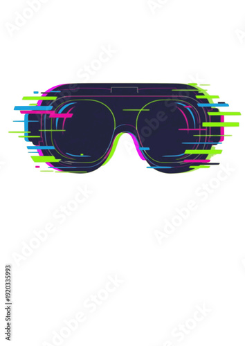 Retro Futuristic VR Goggles Silhouette with Glitch Effect. Cyberpunk Virtual Reality and Metaverse Tech Concept Vector.