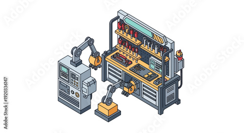 Industrial robotic arm and manufacturing equipment.