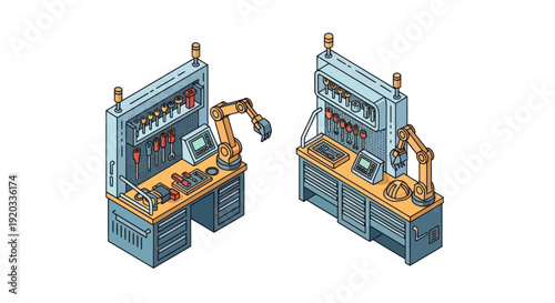 Industrial Robot Arms in Factory Setting.