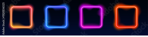 Neon square frames shine with cyan and purple gradient edges. Floating over dark backgrounds, they create a modern digital aesthetic. Perfect for banners, posters, and UI overlays.
