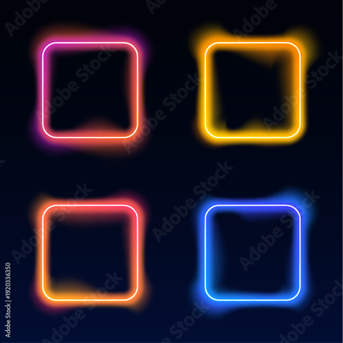 Glowing geometric frames with neon cyan and purple gradients float independently. Dark backgrounds enhance their luminous and futuristic effect. Ideal for banners, UI elements, and digital design.