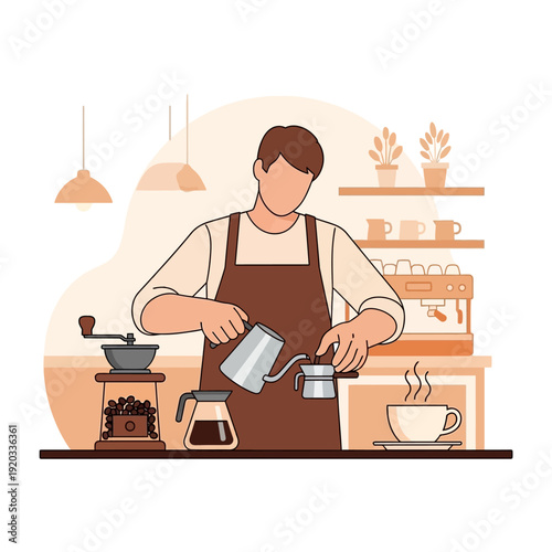 Barista making pour over coffee, coffee beans, grinder, espresso machine, cozy cafe interior