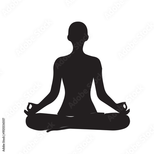 Silhouettes of humans sitting in lotus position and meditating