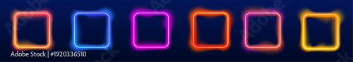 Neon square frames glow with cyan and purple gradients. Floating on dark surfaces, they create a futuristic digital look. Ideal for banners, posters, and UI elements.