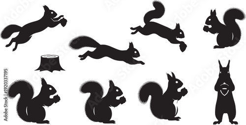 Playful grid of nine squirrel silhouettes with hat and emblem, varied poses displayed in a clean white backdrop, viewed from a frontal perspective