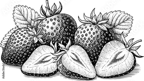 Detailed engravings of fresh strawberries showcasing their natural beauty and intricate features
