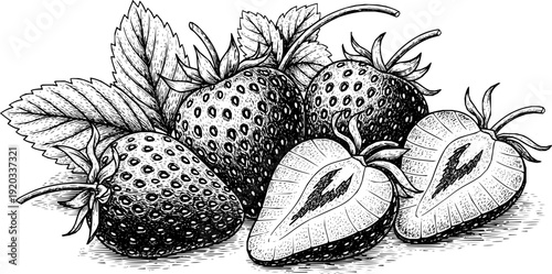 Detailed engravings of fresh strawberries showcasing their natural beauty and intricate features
