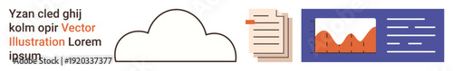 Cloud computing, data management, analytics, storage solutions, business strategy, file sharing. Cloud icon with text, file document and chart analytics. Cloud computing and data management concept