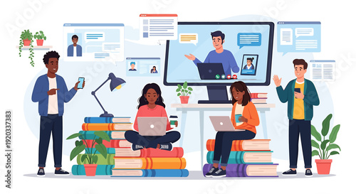 Students Engaged in Study at Home, Digital Environment, Educational Content, Virtual Interaction