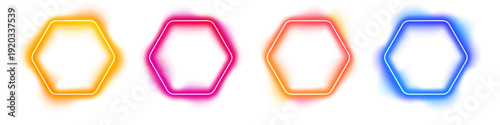 Floating neon hexagon shines softly with multicolor glow. Abstract shape adds modern futuristic look. Perfect transparent element for banners, posters, and UI layouts. PNG